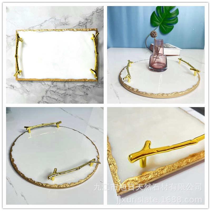 新款低调风大理石金边收纳摆放盘配金色树枝拉手整理展示盘