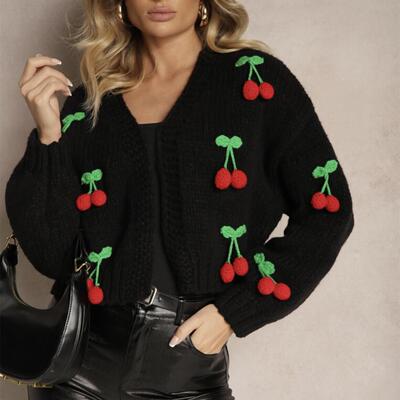 Three dimensional cherry pattern women's sweater cardigan