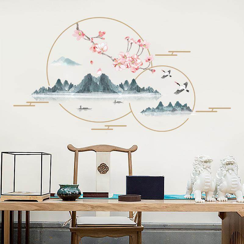 中国风山水画中式墙上遮丑装饰客厅背景墙布置贴画创意房间墙贴纸,家居饰品,软装墙贴,淘宝优惠券,粉丝福利购,淘宝优惠卷