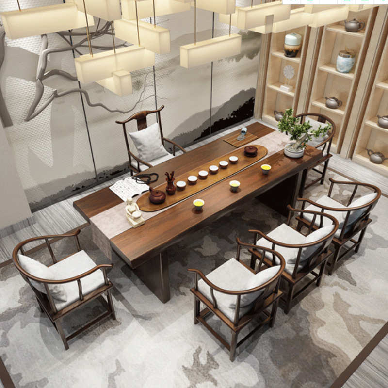 新中式实木茶桌家用客厅泡茶桌椅组合办公室会客胡桃木色茶桌全套