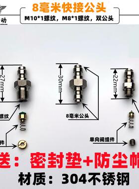 8mm快接公头螺纹10*1双公头8*高压30MPA垫片充气泵打气机配件40MP