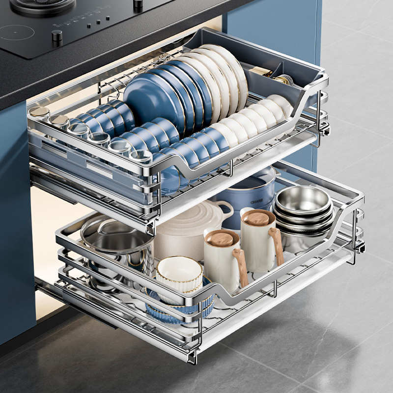 拉篮厨房橱柜304不锈钢双层抽屉式厨房拉篮收纳碗柜内置碗篮碟架