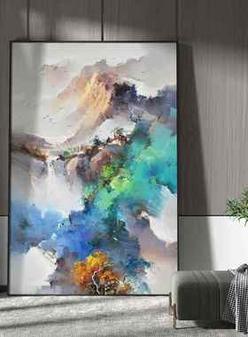 新中式客厅装画办挂公室水FJZ饰关墨国画走廊大壁画现代抽象玄山