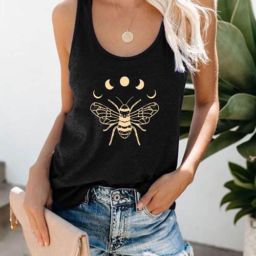 Butterfly Print Solid Strap Top Loose Fit印花纯色吊带宽松女