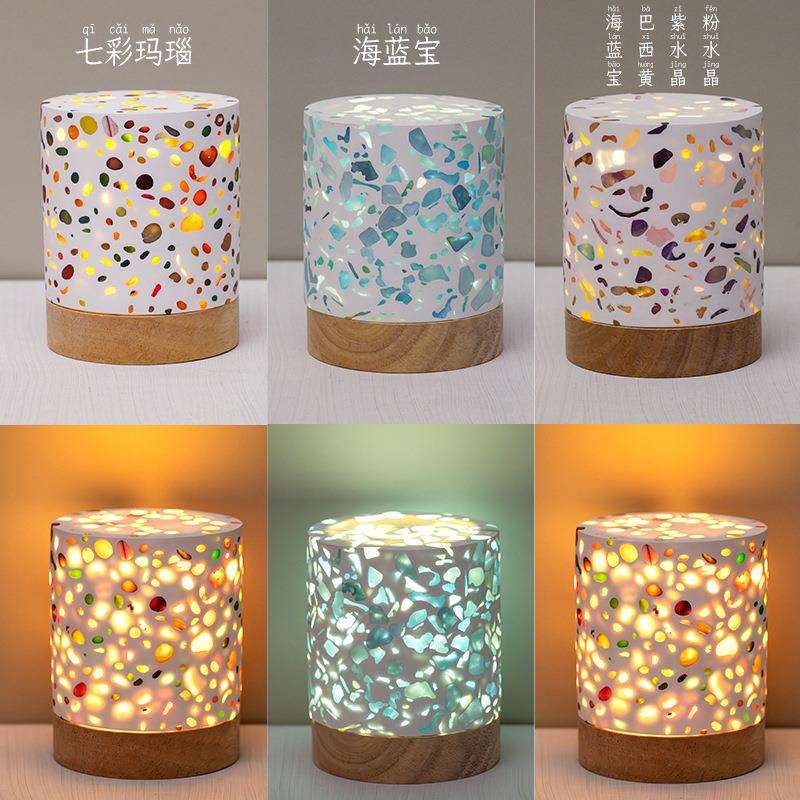 石膏小夜灯氛围灯USB插电三色护眼灯 文创水晶碎石床头灯家居摆件