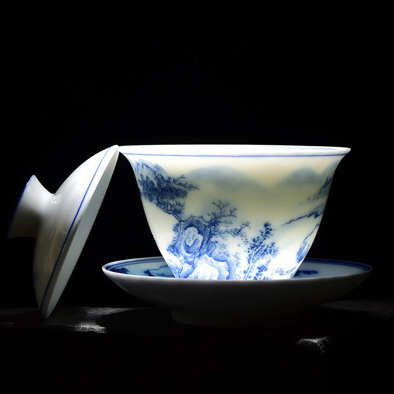 三彩有盖碗茶杯釉下彩白瓷家用青花山水茶杯茶杯茶杯碗茶壶陶瓷功