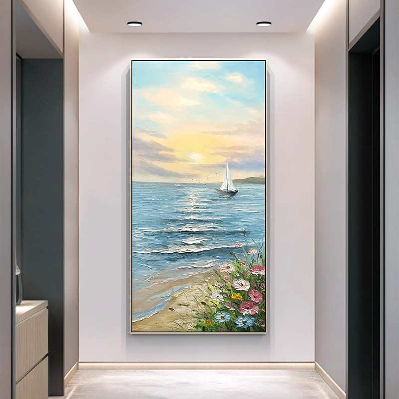 手绘油画现代简约玄关装饰画竖一帆风顺走廊过道挂画立体海景壁画图片