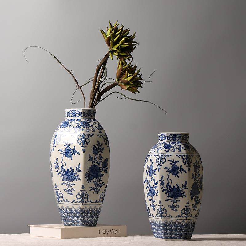 中式青花瓷海水纹折纸花果纹装饰品陶瓷花瓶创意插花摆件三件套