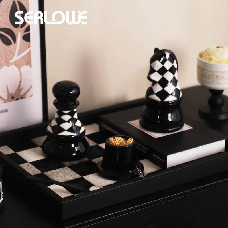 黑白国际象棋陶瓷牙签筒小众创意客厅餐桌高级感中古风棉棒盒摆件