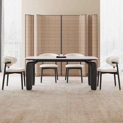 式奶油木风法实木岩板餐5913#QC桌黑色腿大象小户型家用长方形白