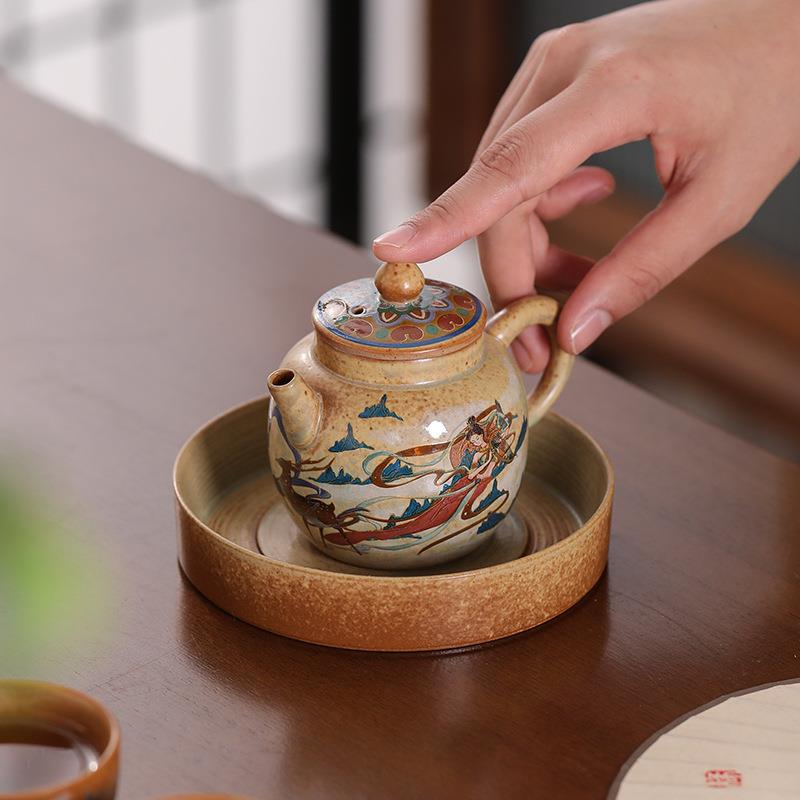 旅行茶具小套装陶瓷快客杯简约户外便携一壶三杯敦煌飞天泡茶壶杯图片