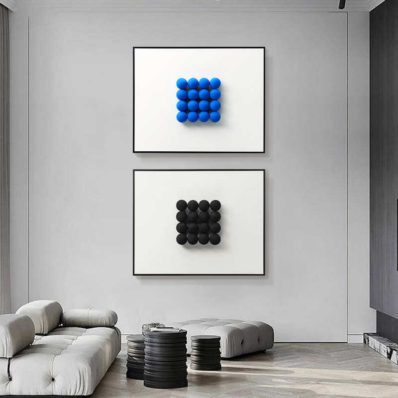 克莱因蓝创意实物客厅装饰画背景墙画框圆球镶嵌挂画简约玄关壁画