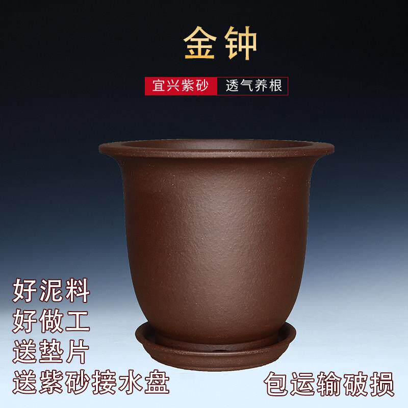 宜兴金钟紫砂花盆兰花盆君子兰专用盆好泥料盆景盆带托 托盘口径2