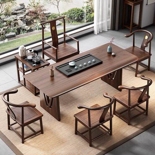 乌金木实木大板茶桌椅组合新中式现代简约办公家用泡茶台茶具一体