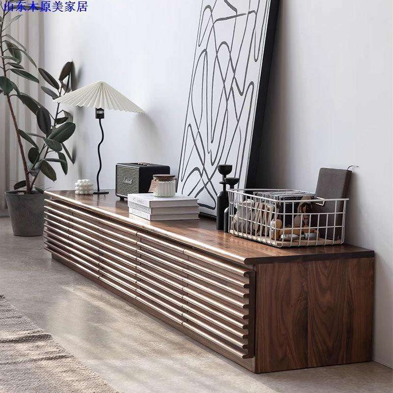 北欧黑胡桃木电视柜实木樱桃木现代简约客厅小户型格栅创意地柜