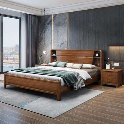 5新中主式实木床胡木床轻奢卧1RCE.8米双人婚床1.米抽屉高桃箱储