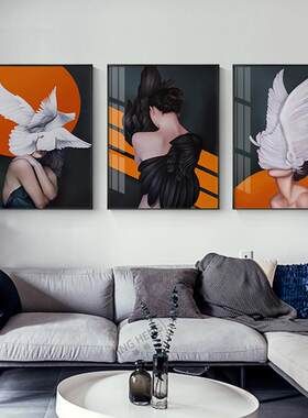 后现代玄关装饰画羽毛少女创意人物抽象大尺寸落地画客厅卧室挂画