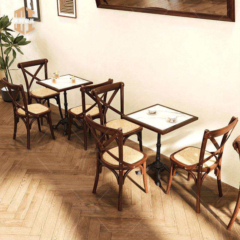复古美式咖啡厅桌椅甜品烘焙店奶茶店小圆桌西餐厅藤编餐桌椅组合