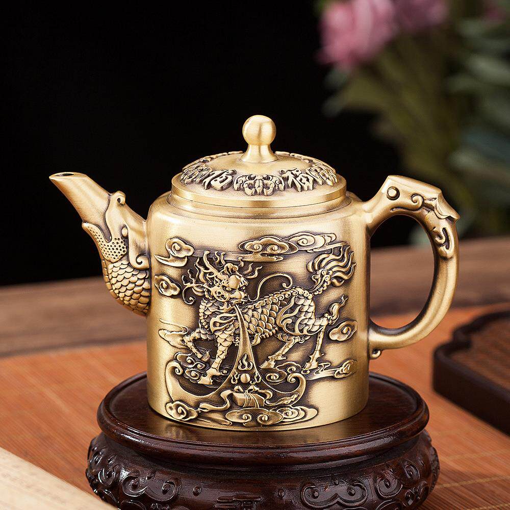 黄铜复古麒麟茶壶收藏纯铜家居办公室桌面装饰摆件金属工艺品