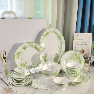 跨境欧式轻奢迪家36件铃兰绿色家用酒店西餐盘碗勺盘碟骨瓷餐具套