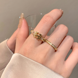 高级感字母H锆石戒指女小众设计时尚开口指环复古个性金色食指戒
