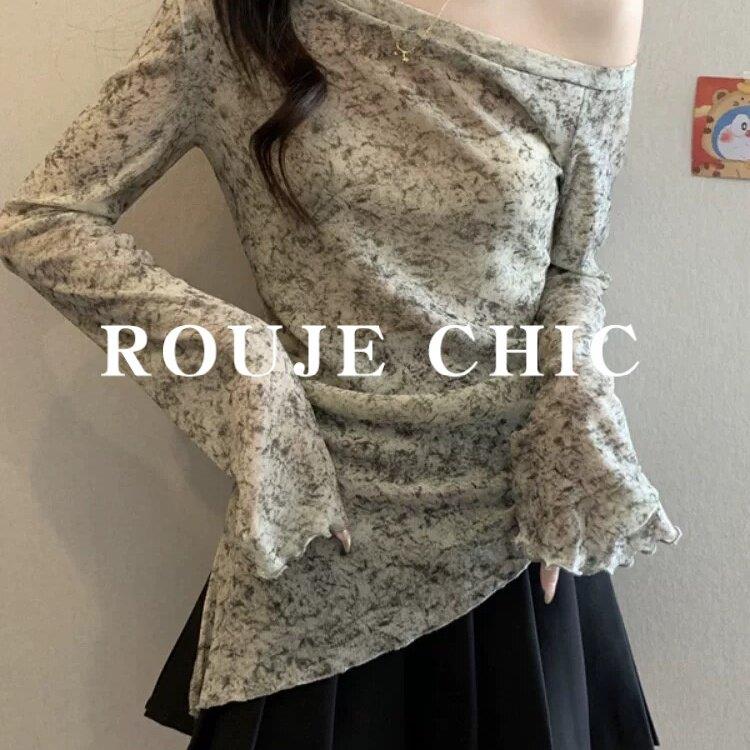 法国rouje chic不规则晕染斜肩网纱长袖t恤女春季一字肩修身上衣