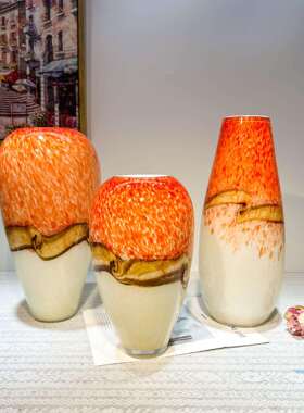 中古橙色汉白玉色拼接手工琉璃花瓶家居酒店样板间高级感氛围装饰