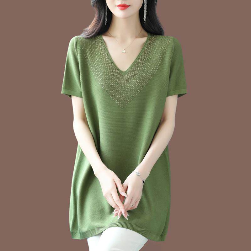 夏季新款大码桑蚕丝T恤女宽松时尚V领短袖韩版针织冰丝洋气遮肉女