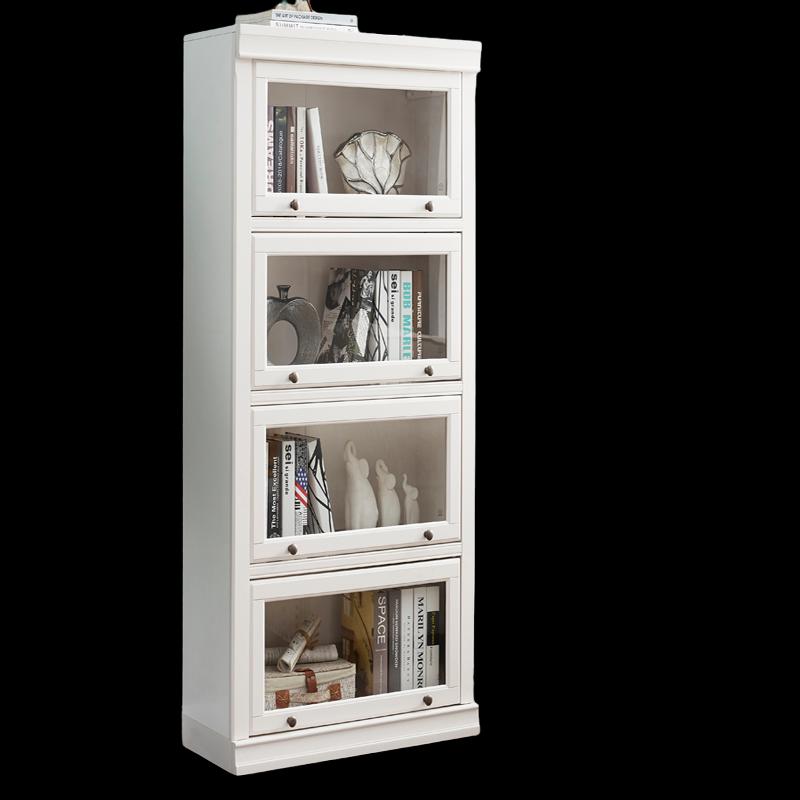 美式实木书柜带玻璃门白色儿童书架储物柜卧室落地置物架组合书橱