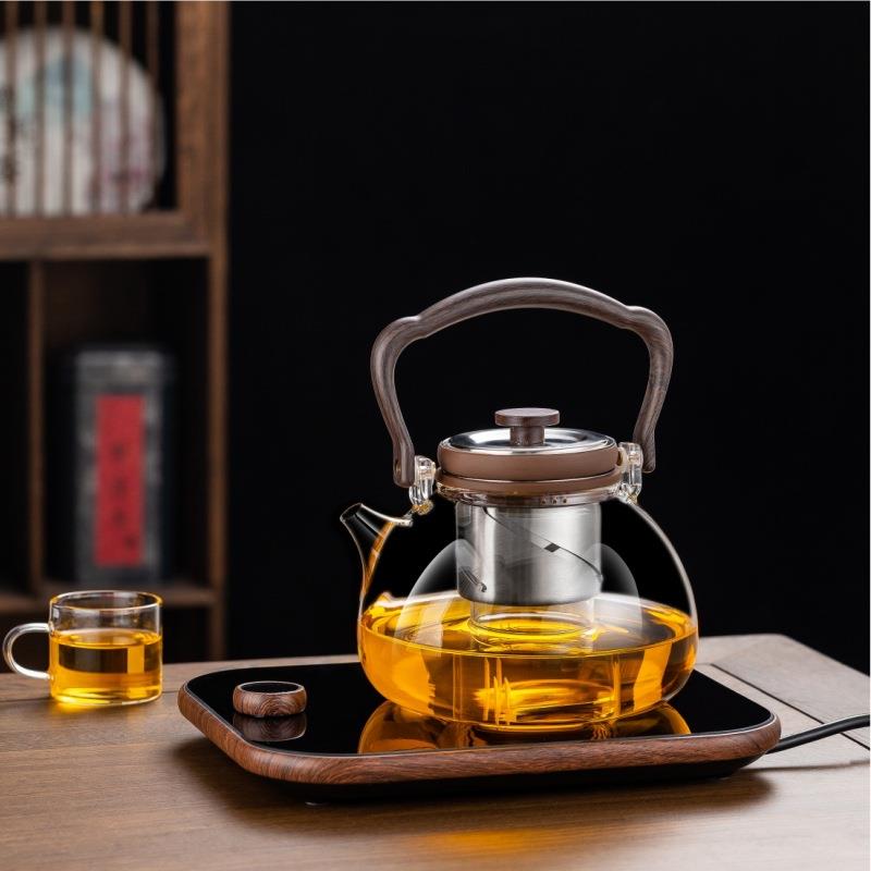 顶壶升降提梁壶电陶炉煮茶壶加厚玻璃胡桃木煮茶器家用泡茶壶套装