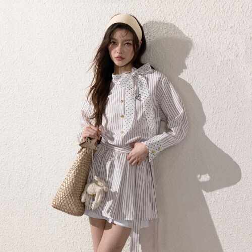 NEOTCG春夏季天丝波点条纹长袖衬衫洋装短裙子MIU系2025新款女