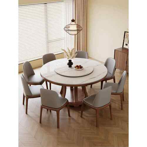 岩板圆桌餐桌椅组合现代简约家用小户型高端实木轻奢带转盘饭桌子