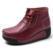 妈妈轻便鞋 高档真皮高绒帮坡鞋 厚底跟加棉女鞋 舒适短靴中跟加棉秋