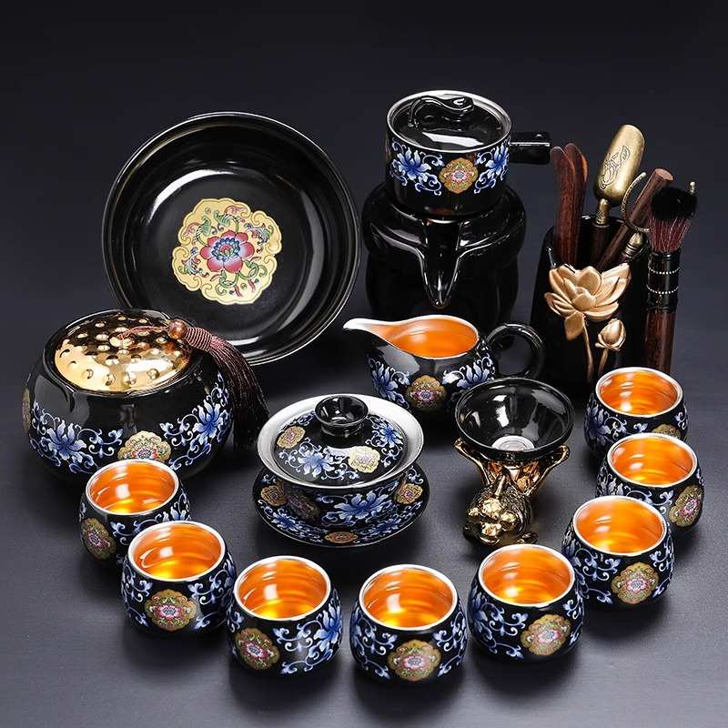 999银茶具套装功夫茶具家用陶瓷懒人石磨自动泡茶壶盖碗银杯整套