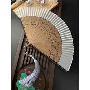 古风扇子折叠绫绢竹覆古6寸纯色麦穗雕花镂空米白色折扇旗袍夏季