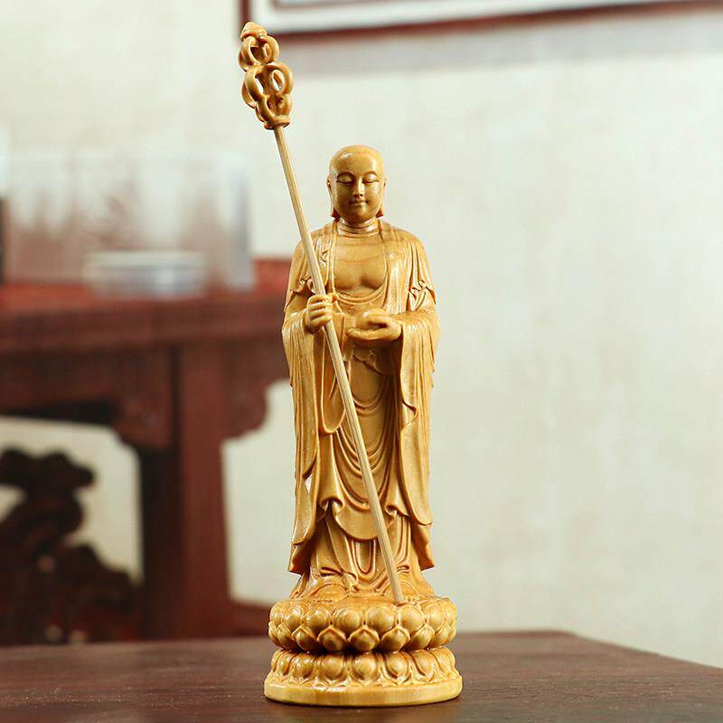 黄杨木雕地藏王菩萨佛像家居客厅木质雕刻摆件创意工艺礼品摆饰送