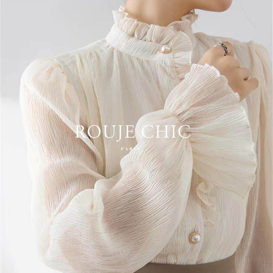 法国rouje chic春季复古木耳立领蕾丝长袖衬衫女法式喇叭别致上衣