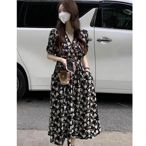Gentle black floral dress, women's tea break, waist