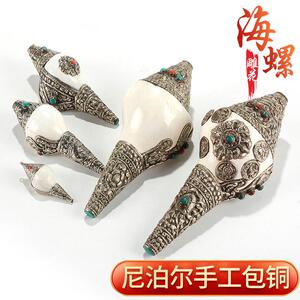 佛缘汇天然白海螺包铜藏式供奉用品佛家左旋生物右旋八供家居摆件