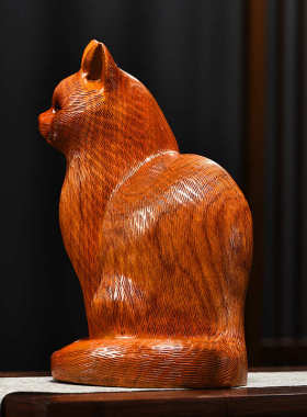 木雕摆件小猫咪实木质雕刻家居客厅装饰玄关书架办公司工艺礼品