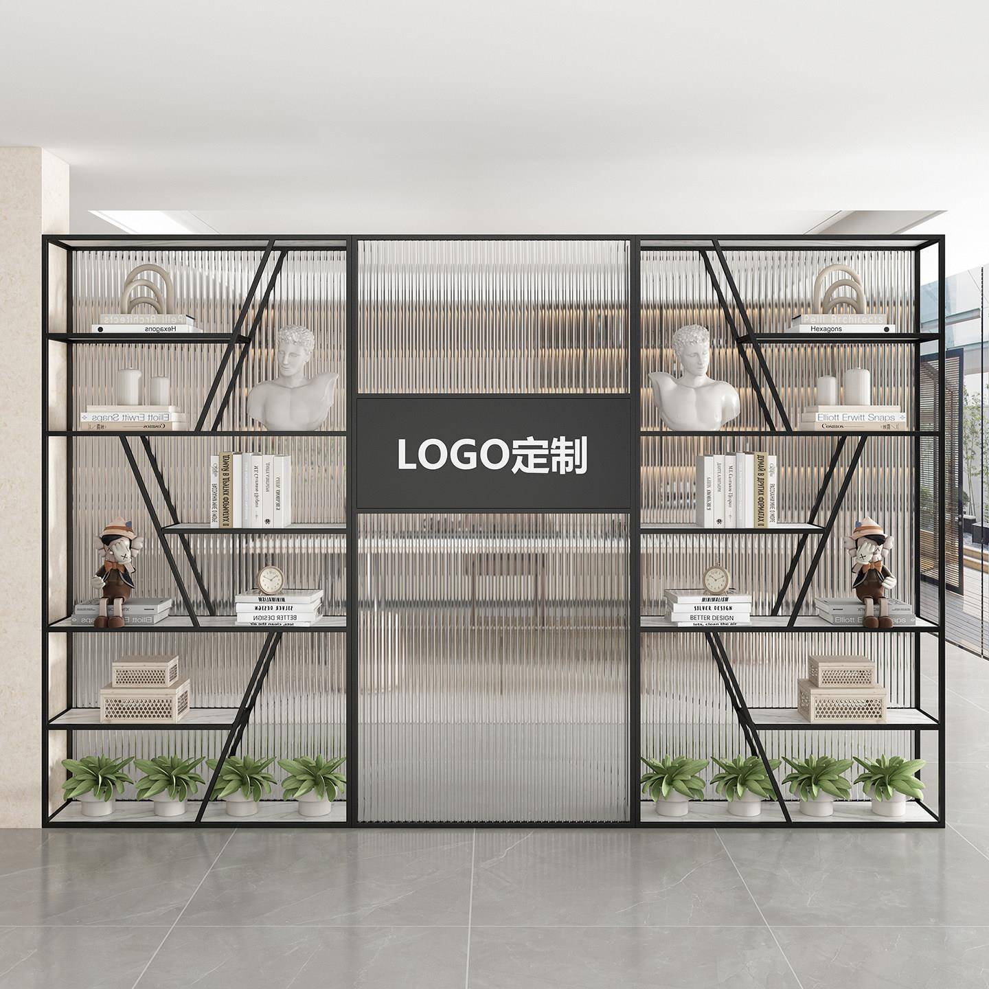 玻璃隔断置物架公司形象展示架可定制LOGO现代简约铁艺办公室屏风
