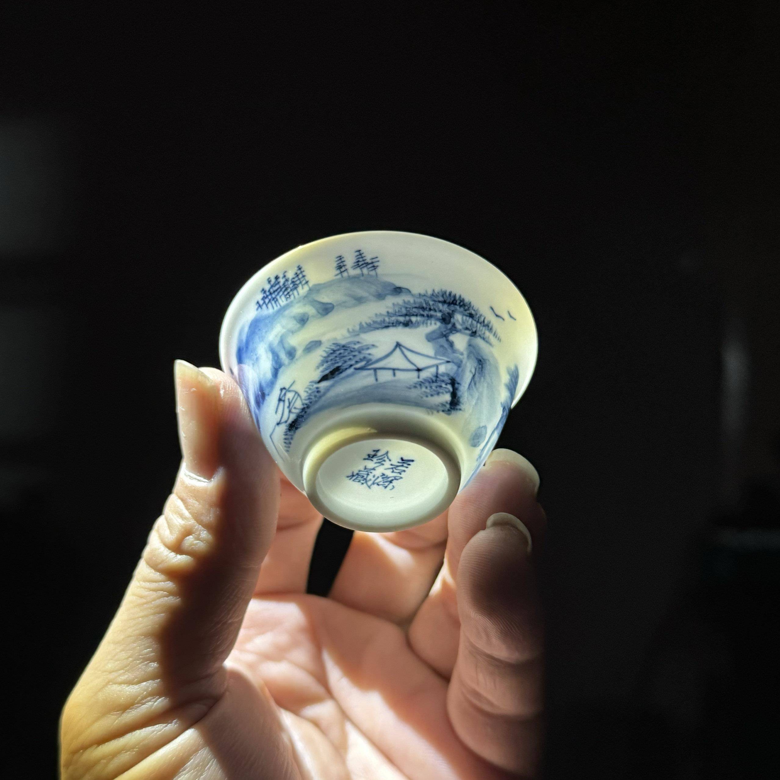 若深珍藏潮州工夫茶纯手绘苏麻离青杯手绘薄胎青花精品功夫茶杯
