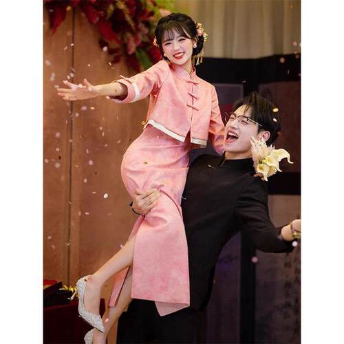 新中式订婚旗袍礼服高端2026新款粉色敬酒服新娘结婚回门出阁套装