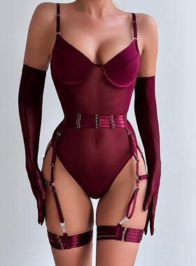 Fun Lingerie Strap Splicing Slim Fit Glove Three Piece Set