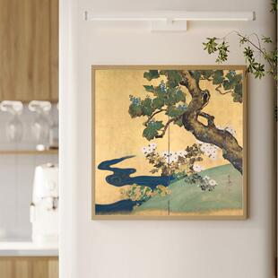 酒井抱一 桐菊流水图中古茶楼日式家居装饰画新中式书房墙画挂画