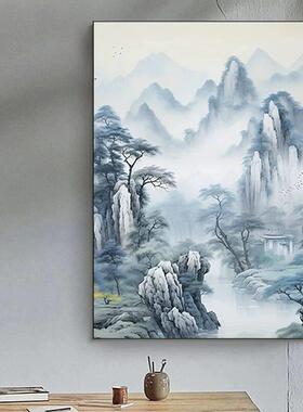 新中式蓝色山水高山流水挂画客厅装饰画山水风景玄关过道走廊壁画