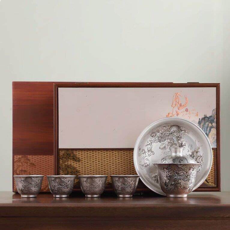 轻奢高档鎏银茶具套装银上作画龙凤茶杯子盖碗套组养生茶杯整套组