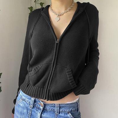 Womens Solid Pocket Drawstring Graphic Hoodie Full Zip Knit