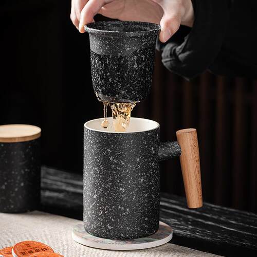 泡茶杯陶瓷复古茶水分离杯子男士个人办公室大容量带盖过滤马克杯