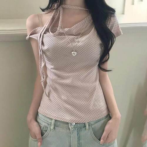 Sweet Girl Asymmetrical Shoulder Polka Dot TShirt Y2K Style